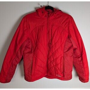LL Bean Womens Primaloft Stowaway  M Puffer Jacket Insulated Packable Red Hooded